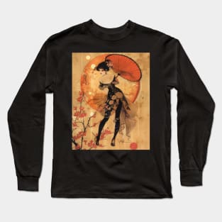 Japanese Geisha with Umbrella Illustration Long Sleeve T-Shirt